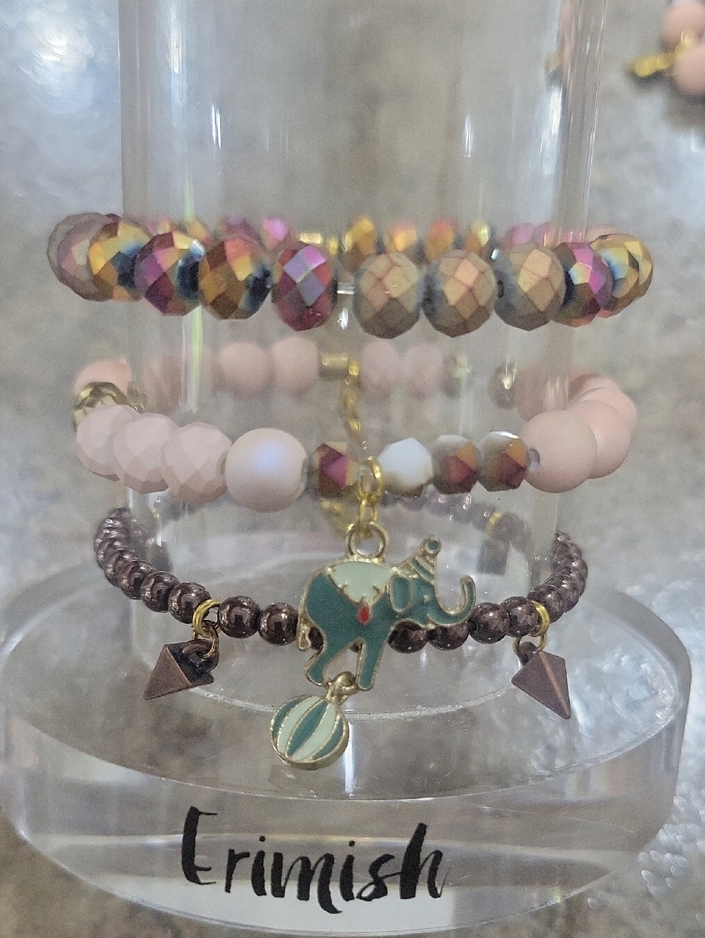 Gemjams By Erimish Stacked Beaded Charm Bracelets with Mint Elephant Charm